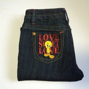 Looney Tunes Womens Jeans Sz 9 x 31 Straight Embroidered Tweety Bird Denim Lot29